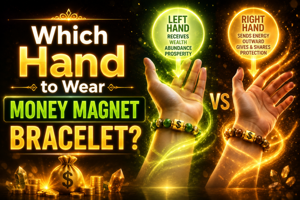 Glowing thumbnail showing which hand to wear money magnet bracelet with left vs right hand comparison and luxury crystal bracelet energy effects.