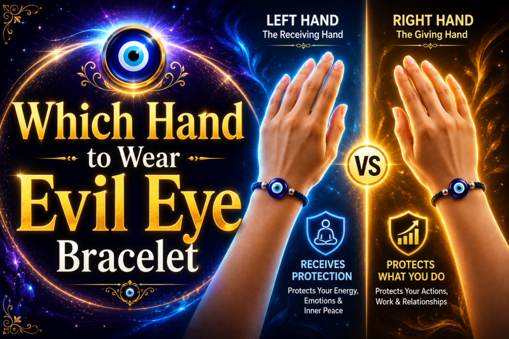 Which Hand to Wear Evil Eye Bracelet guide showing left hand and right hand spiritual protection benefits with glowing evil eye bracelet design