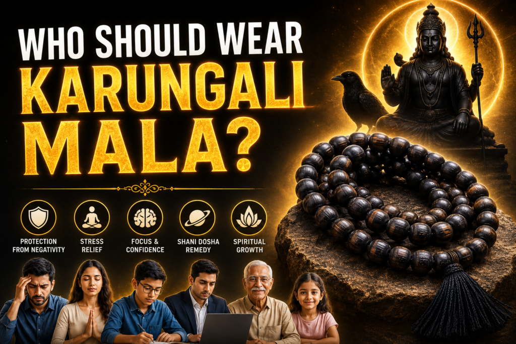 Who Should Wear Karungali Mala thumbnail showing glowing Black Ebony mala with spiritual golden theme for protection, stress relief, Shani dosha, and positive energy.