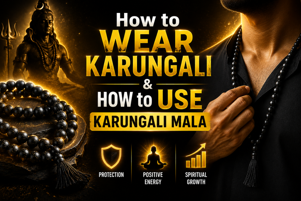 Person wearing original Karungali Mala with guide on how to wear Karungali Mala and how to use Karungali Mala properly for spiritual benefits