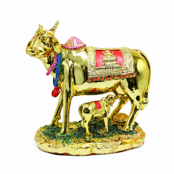 Golden Kamdhenu Cow Calf Statue For Home And Office