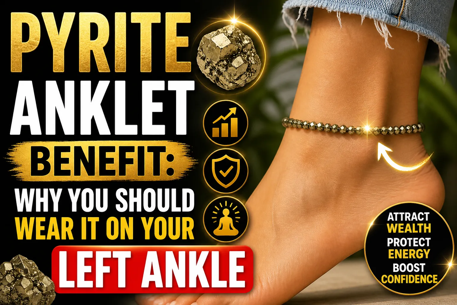 Glossy YouTube-style thumbnail with bold gold and white text reading “PYRITE ANKLET BENEFIT: WHY YOU SHOULD WEAR IT ON YOUR LEFT ANKLE.” On the right, a close-up of a foot wearing a shiny pyrite bead anklet is highlighted with sparkles and an arrow pointing to it. Gold icons for wealth growth, protection, and meditation appear beside the anklet. A pyrite crystal image is shown at the top and bottom left. A black and gold badge says “Attract Wealth, Protect Energy, Boost Confidence.”