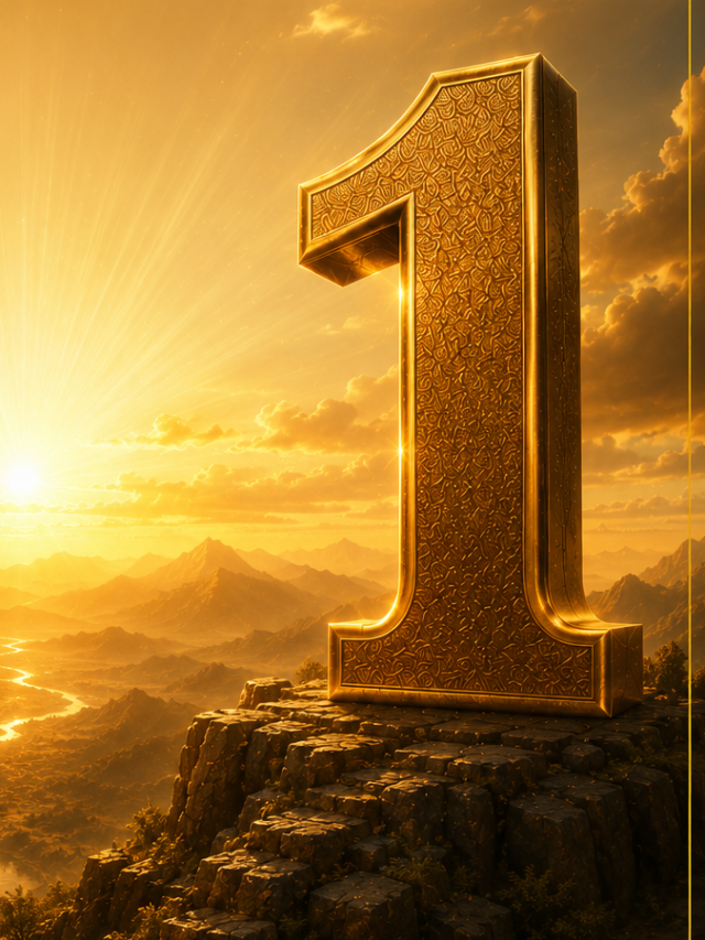 Golden number 1 monument on a mountain cliff at sunrise, representing Mulank 1 leadership, confidence, and success in numerology.