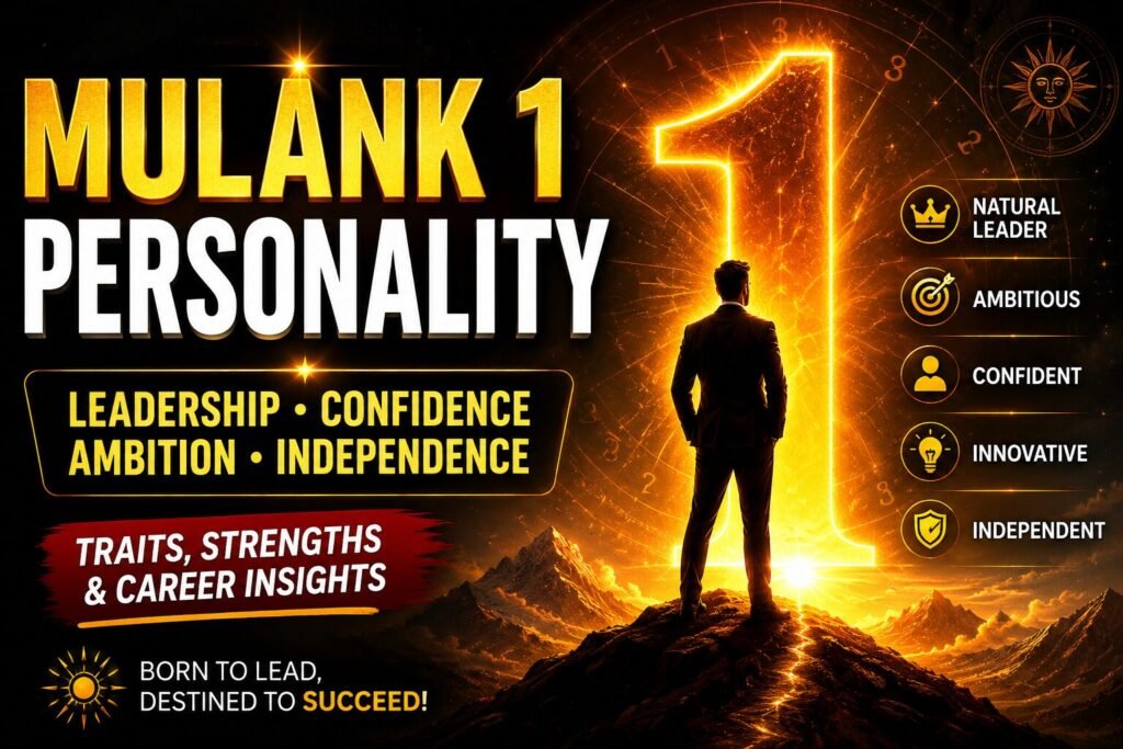 Glowing Mulank 1 Personality thumbnail featuring a golden number 1 with leadership, confidence, ambition, independence, and career traits in a cinematic black and gold theme.