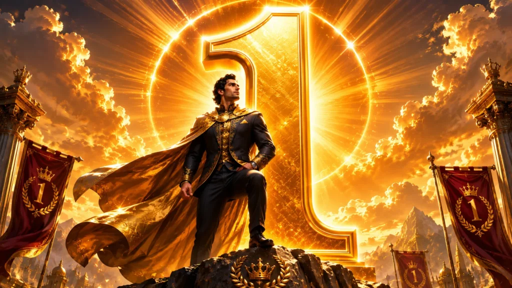 Mulank 1 personality illustration featuring a confident leader standing in front of a glowing golden number 1, surrounded by radiant sunlight, symbols of success, ambition, leadership, and independence in a premium golden fantasy style.