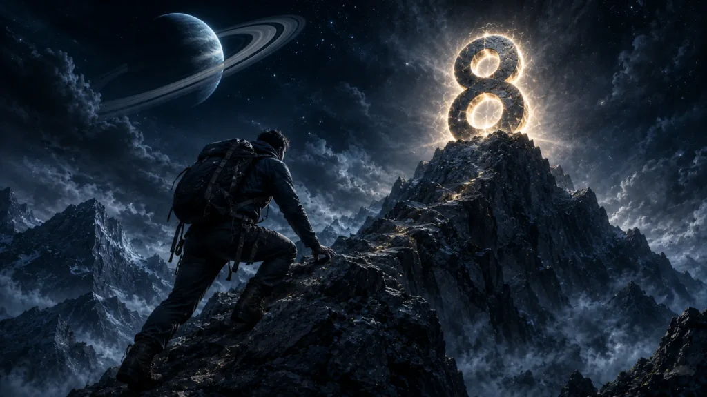 Mulank 8 personality traits image showing a mountain climber reaching a luminous number 8 under a Saturn-inspired sky, representing determination, hard work, leadership, resilience, and achievement in numerology.
