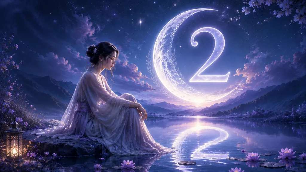 Mulank 2 personality illustration featuring a calm and thoughtful figure beneath a glowing crescent moon reflected in serene water, symbolizing intuition, sensitivity, emotional balance, and creativity.