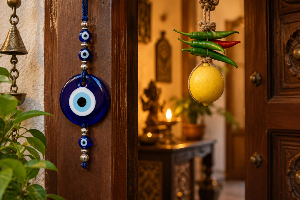 A traditional evil eye (nazar) bracelet and a lemon-chilli totka hanging near a doorway, warm indoor lighting, cultural and mystical atmosphere, realistic photography, no text overlay