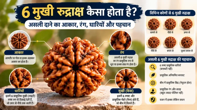 6 मुखी रुद्राक्ष कैसा होता है? असली दाने का आकार, रंग, धारियाँ और पहचान